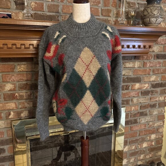 harve bernard Gray Mohair Chunky Small Argyle Pullover Sweater - Picture 1 of 8